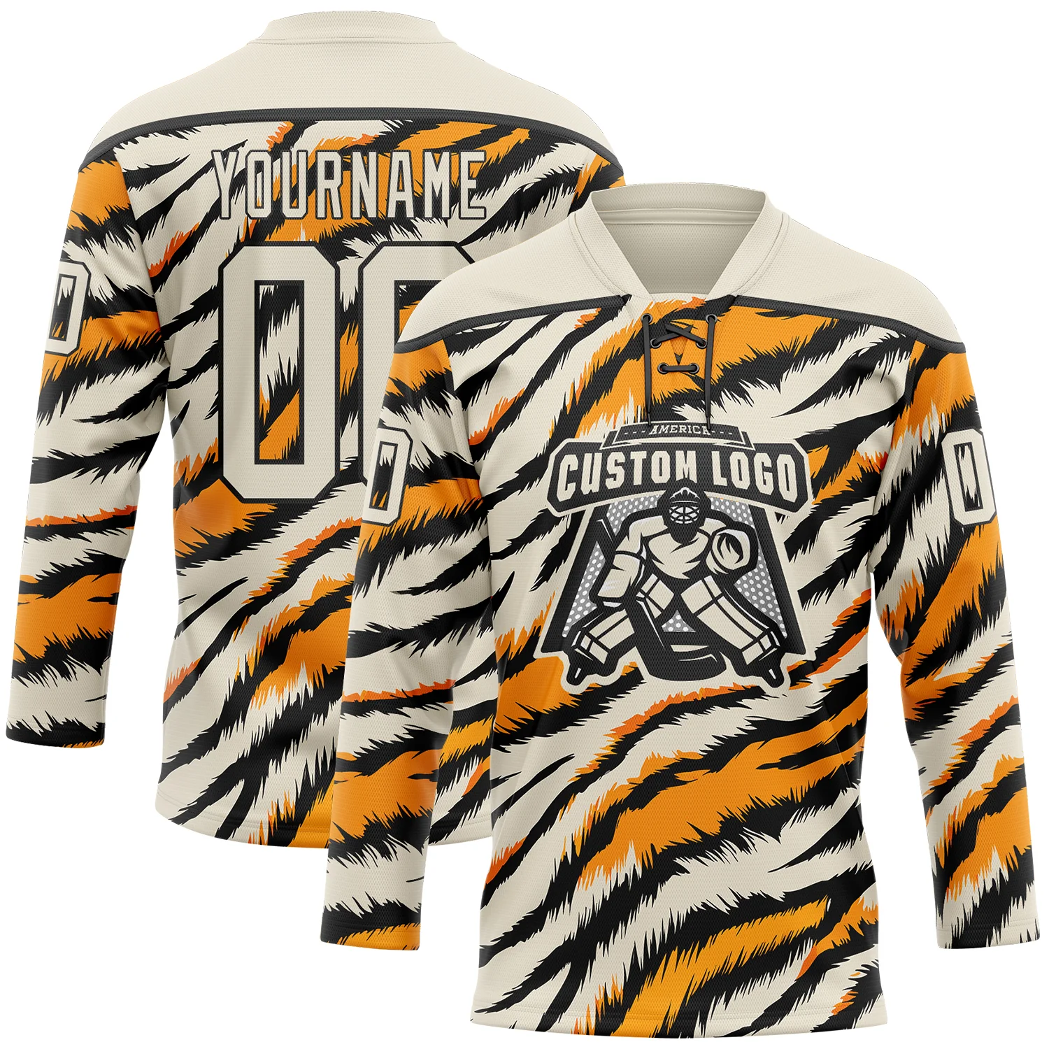 Custom Cream Orange-Black Tiger Stripes Print Hockey Lace Neck Jersey - Image 2