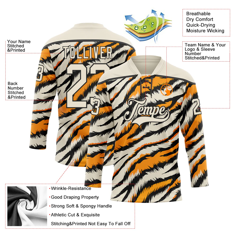 Custom Cream Orange-Black Tiger Stripes Print Hockey Lace Neck Jersey - Image 5