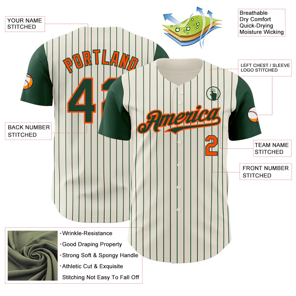 Custom Cream Green Pinstripe Orange Authentic Two Tone Baseball Jersey - Image 3