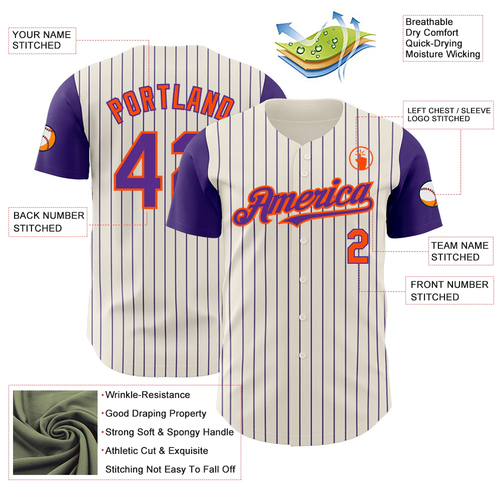 Custom Cream Purple Pinstripe Orange Authentic Two Tone Baseball Jersey - Image 3