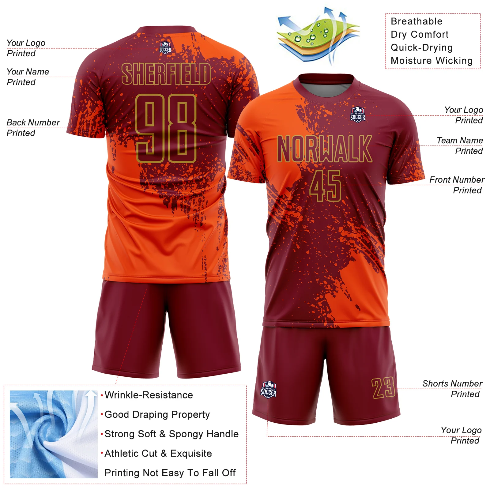 Custom Crimson Orange-Old Gold Abstract Brush Stroke Sports Sublimation Soccer Uniform Jersey - Image 4