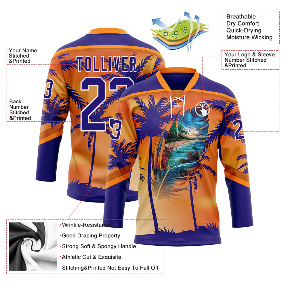 Custom Dark Purple Orange-White Gradient Hawaii Tropical Palm Trees Hockey Lace Neck Jersey - Image 4