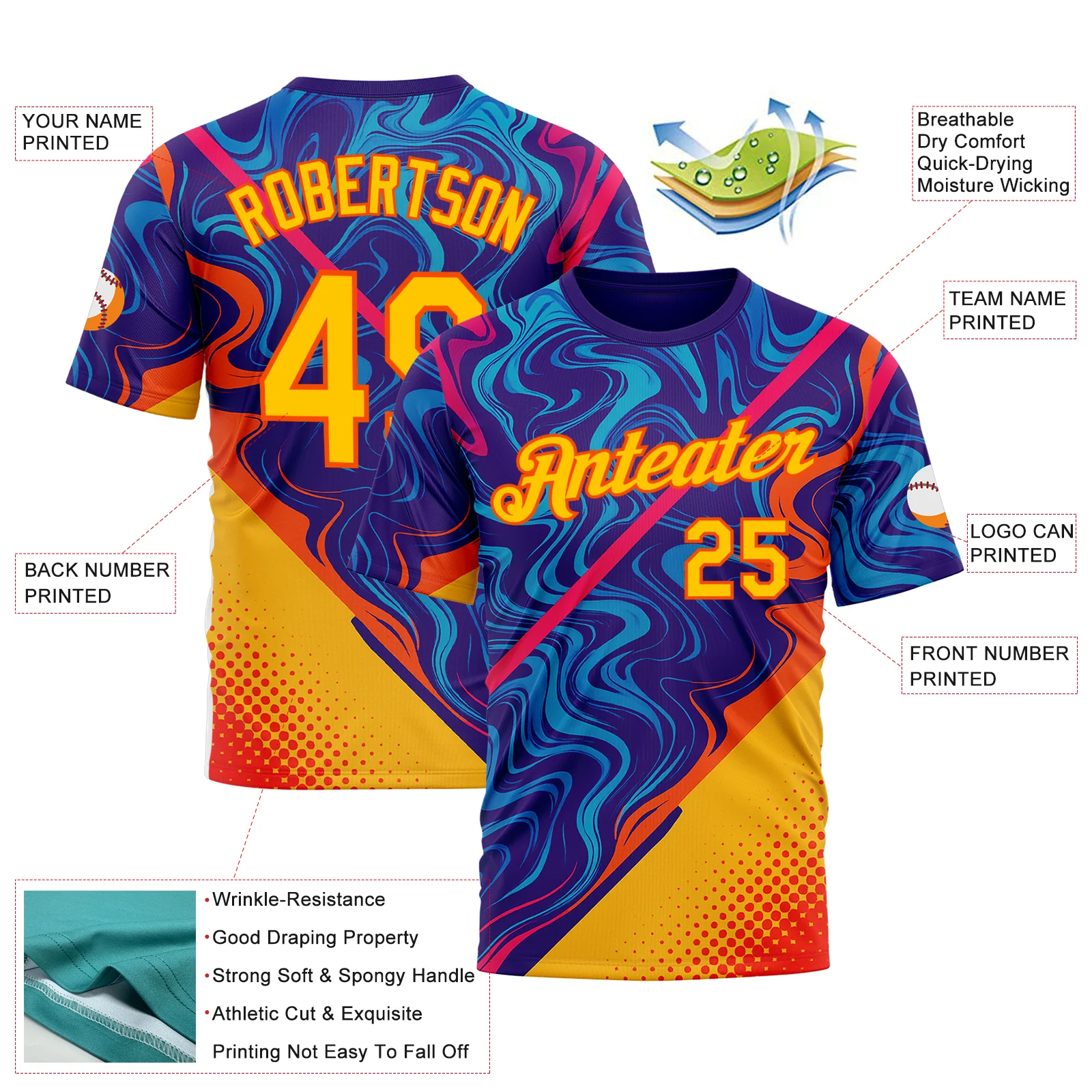 Custom Dark Purple Yellow-Orange 3D Pattern Design Romania Colombia Sportswear Performance T-Shirt - Image 2