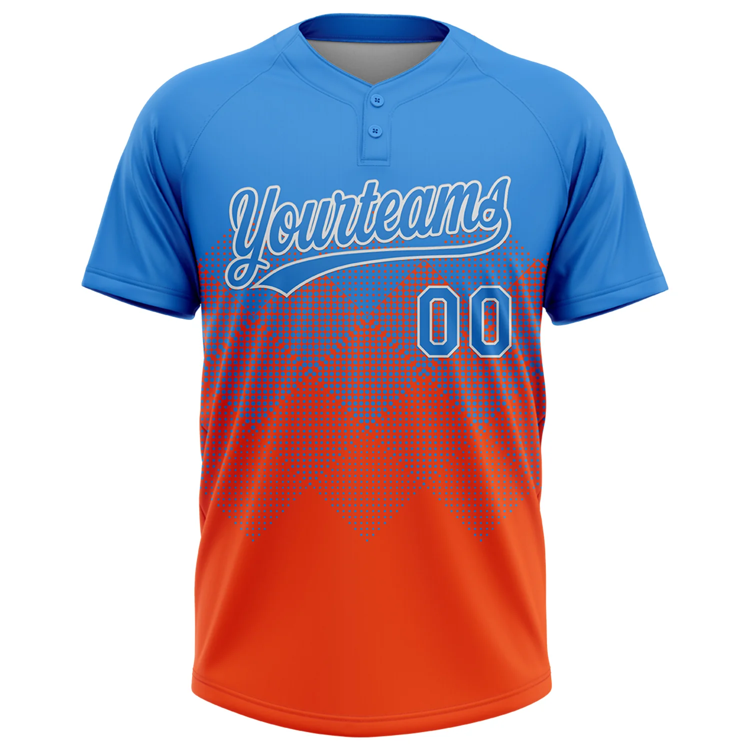 Custom Electric Blue Orange-White 3D Gradient Square Shape Two-Button Unisex Softball Jersey - Image 2
