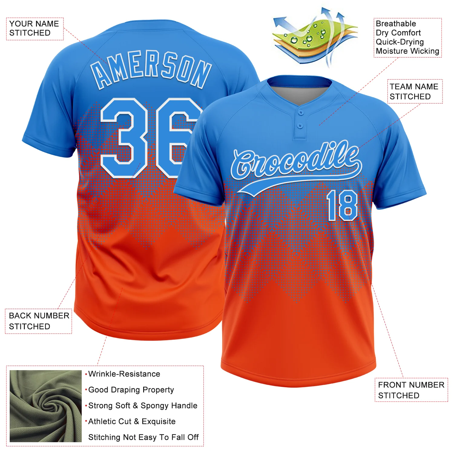 Custom Electric Blue Orange-White 3D Gradient Square Shape Two-Button Unisex Softball Jersey - Image 3