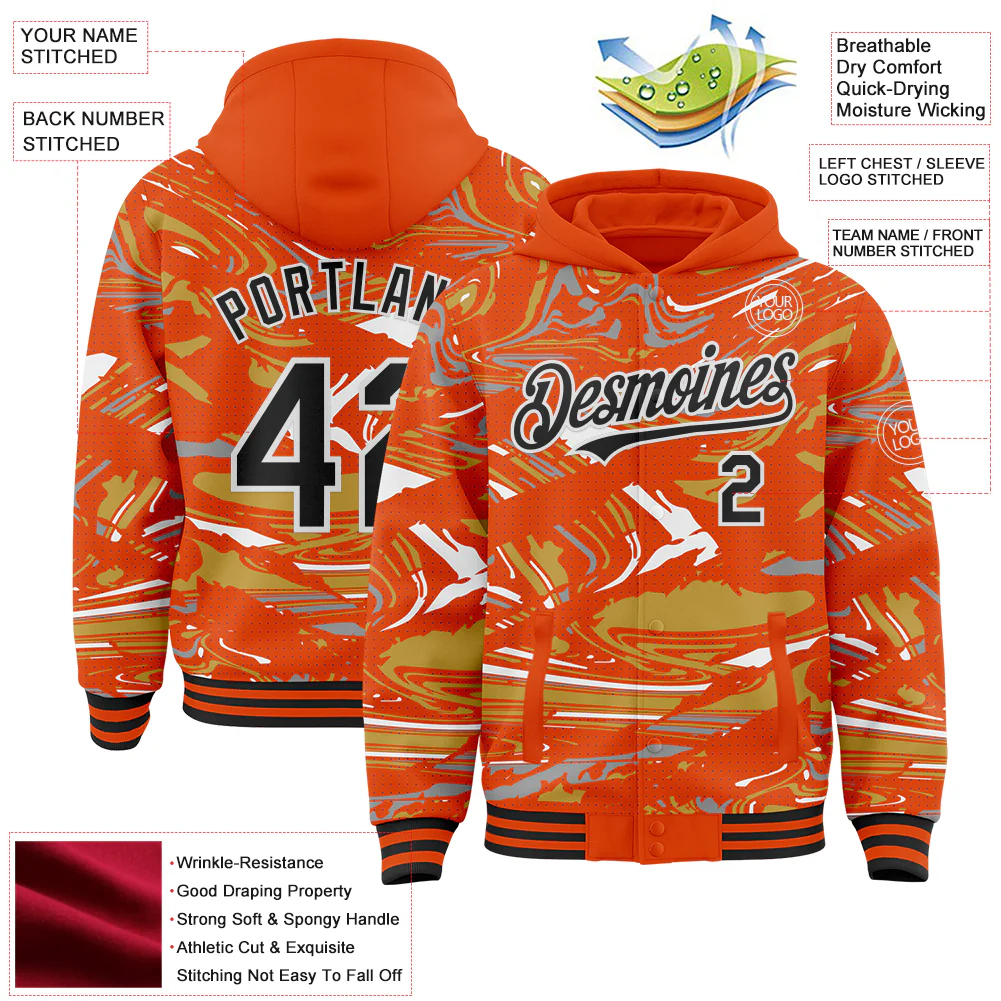 Custom Figure Black Orange Old Gold-White Fluid Pattern Bomber Full-Snap Varsity Letterman Hoodie Jacket - Image 4
