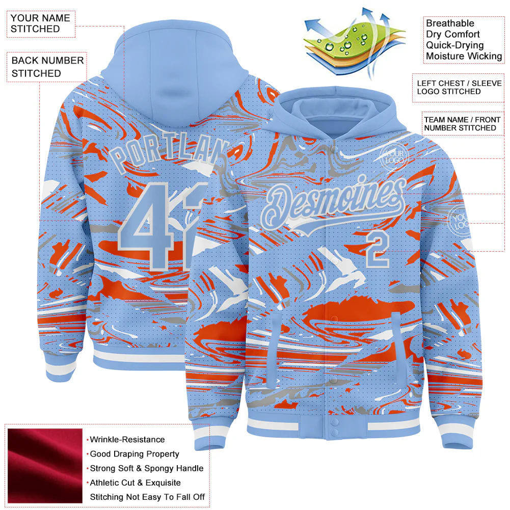 Custom Figure Light Blue Orange-White Fluid Pattern Bomber Full-Snap Varsity Letterman Hoodie Jacket - Image 4