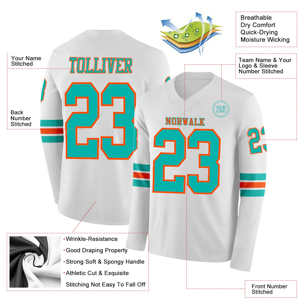 Custom White Aqua-Orange Long Sleeve Authentic Football Jersey - Image 2