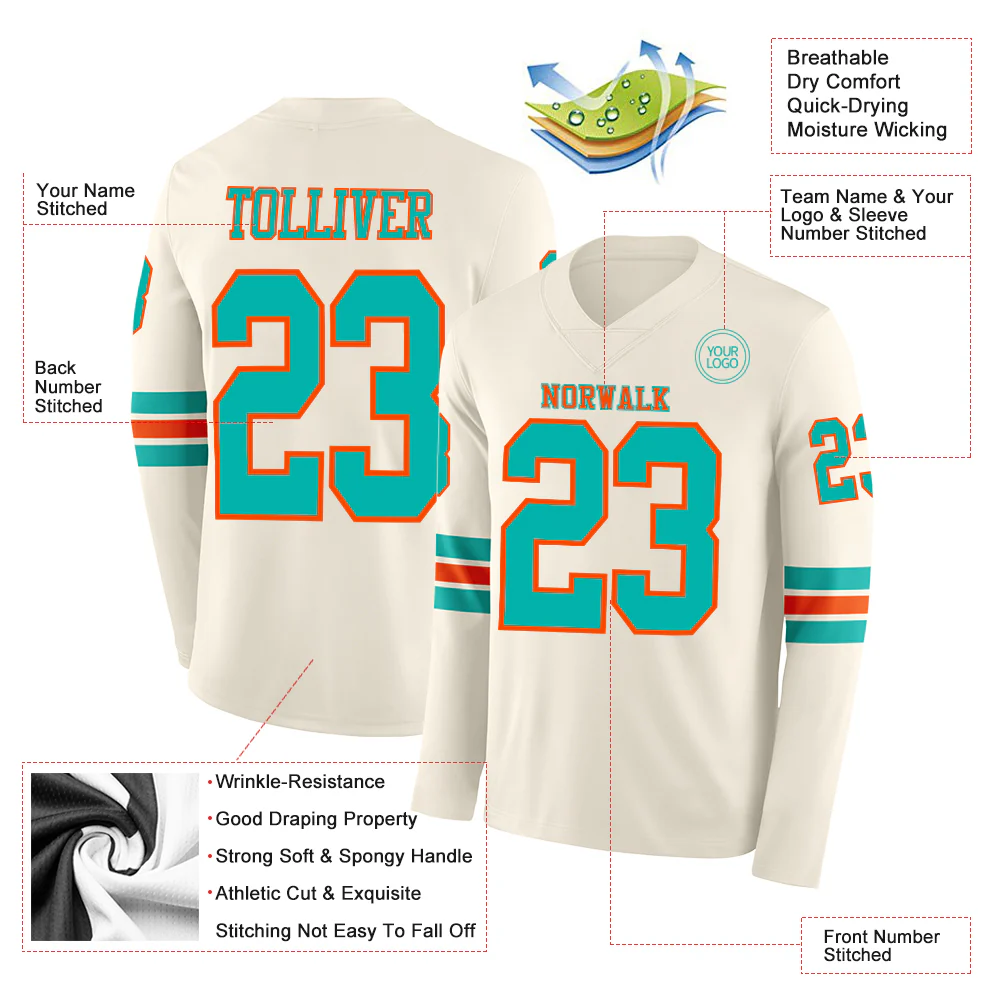 Custom Cream Aqua-Orange Long Sleeve Authentic Football Jersey - Image 2