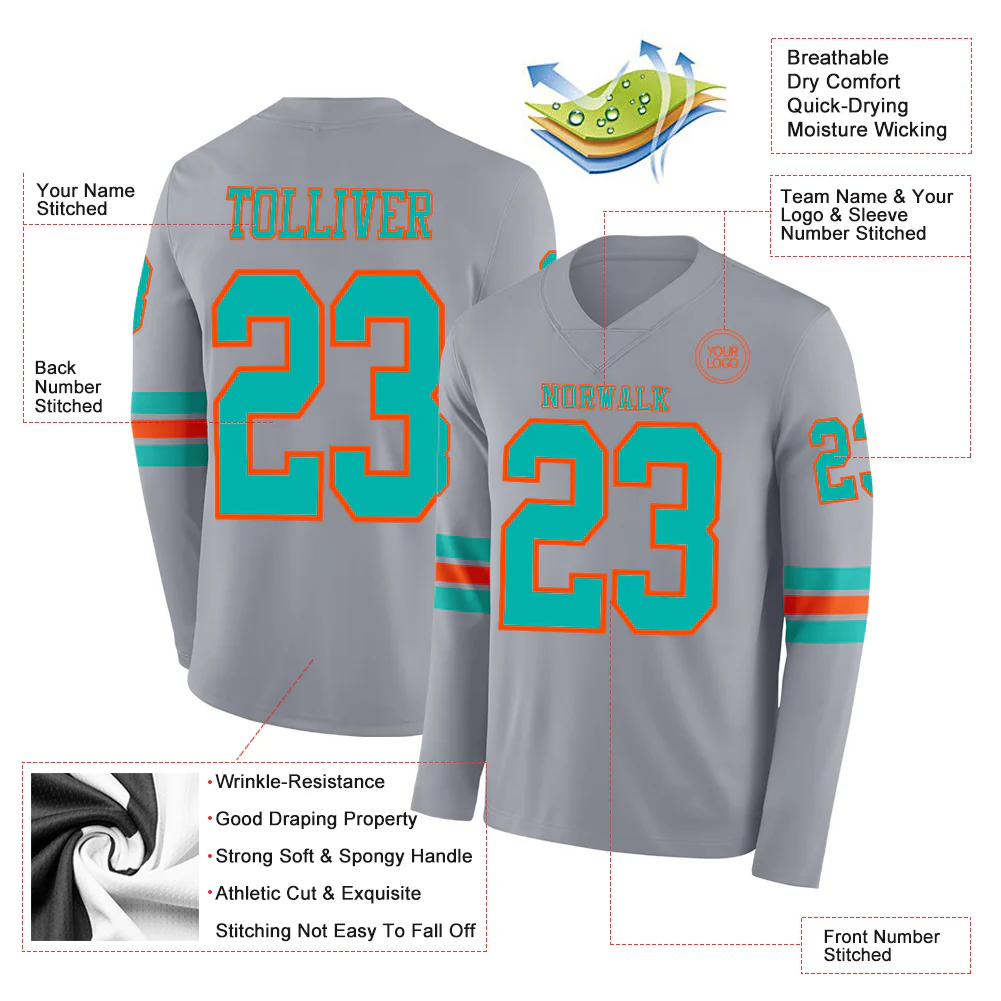 Custom Gray Aqua-Orange Long Sleeve Authentic Football Jersey - Image 2