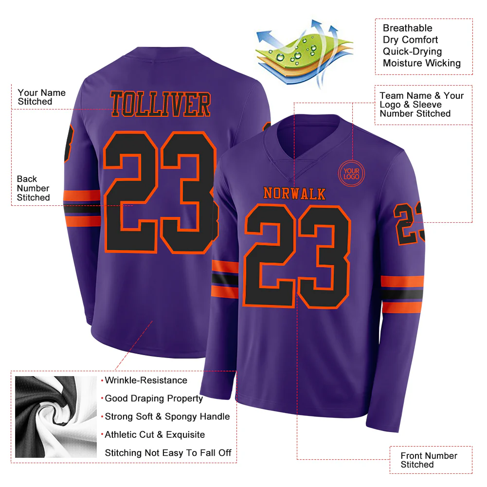 Custom Purple Black-Orange Long Sleeve Authentic Football Jersey - Image 2