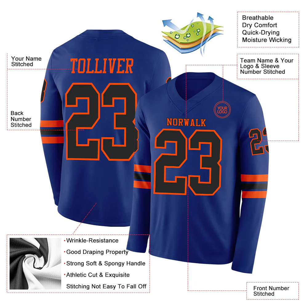 Custom Royal Black-Orange Long Sleeve Authentic Football Jersey - Image 2