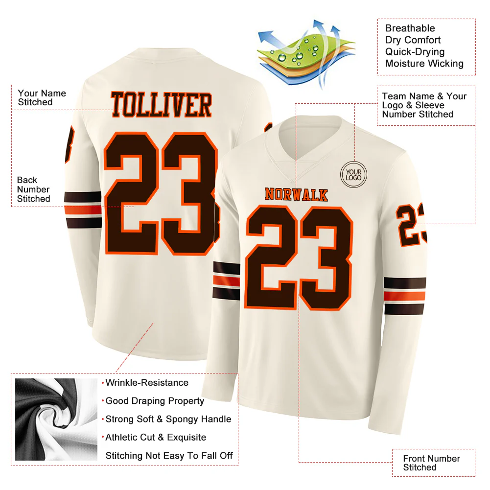 Custom Cream Brown-Orange Long Sleeve Authentic Football Jersey - Image 2