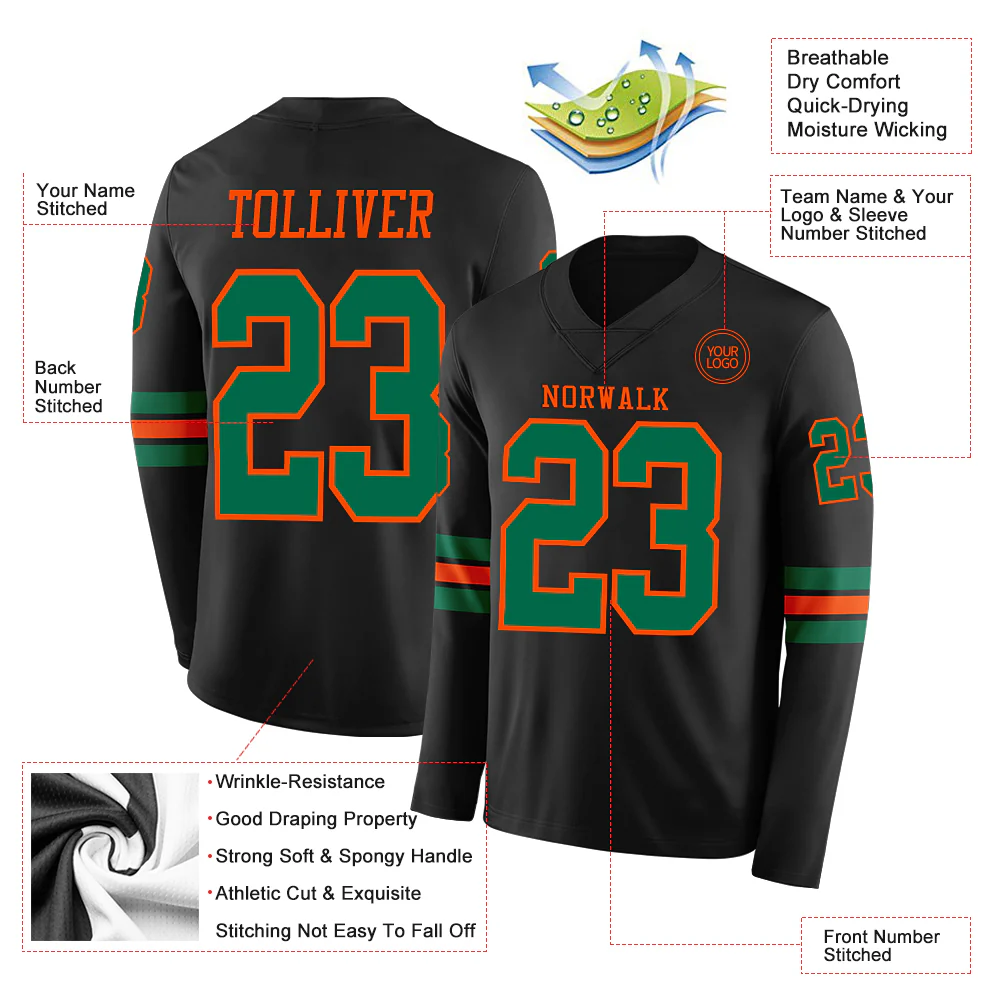 Custom Black Kelly Green-Orange Long Sleeve Authentic Football Jersey - Image 2