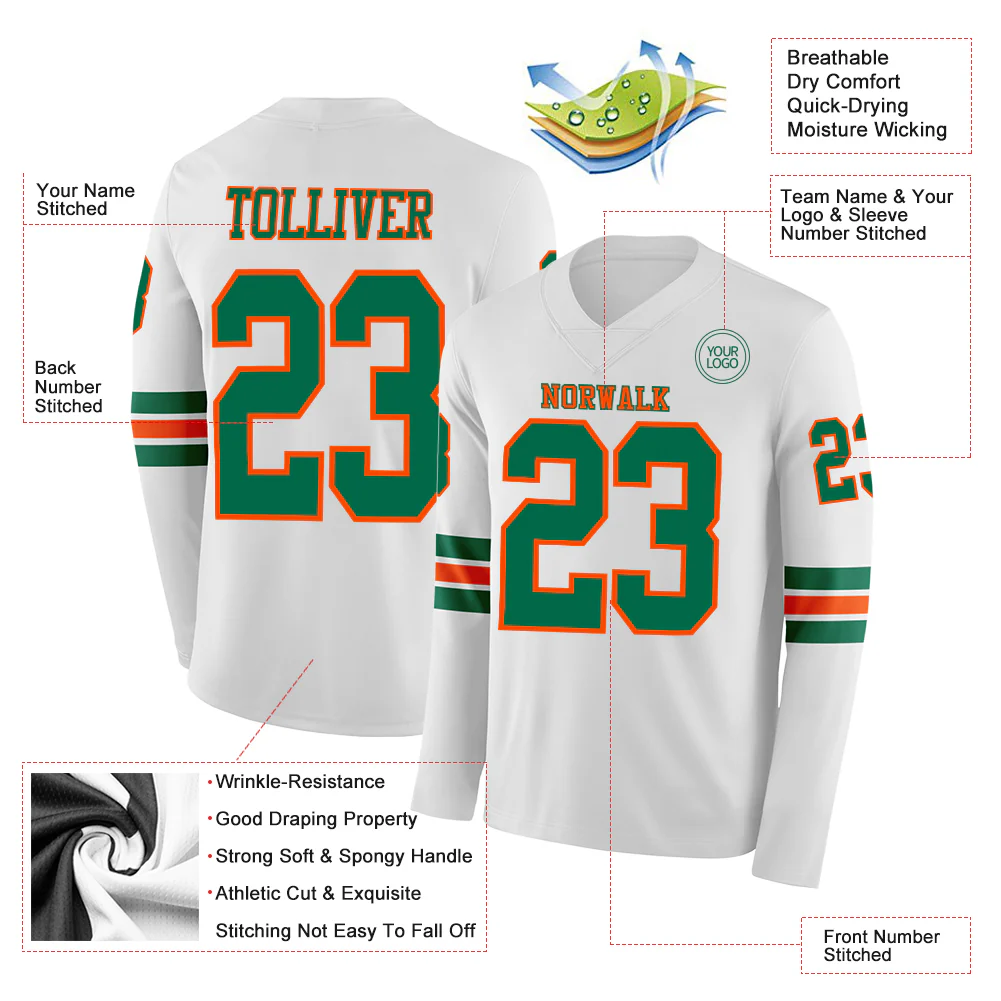 Custom White Kelly Green-Orange Long Sleeve Authentic Football Jersey - Image 2