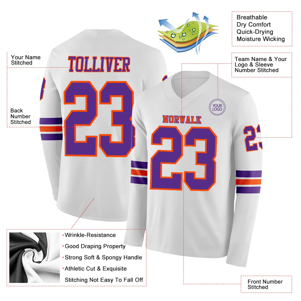 Custom White Purple-Orange Long Sleeve Authentic Football Jersey - Image 2