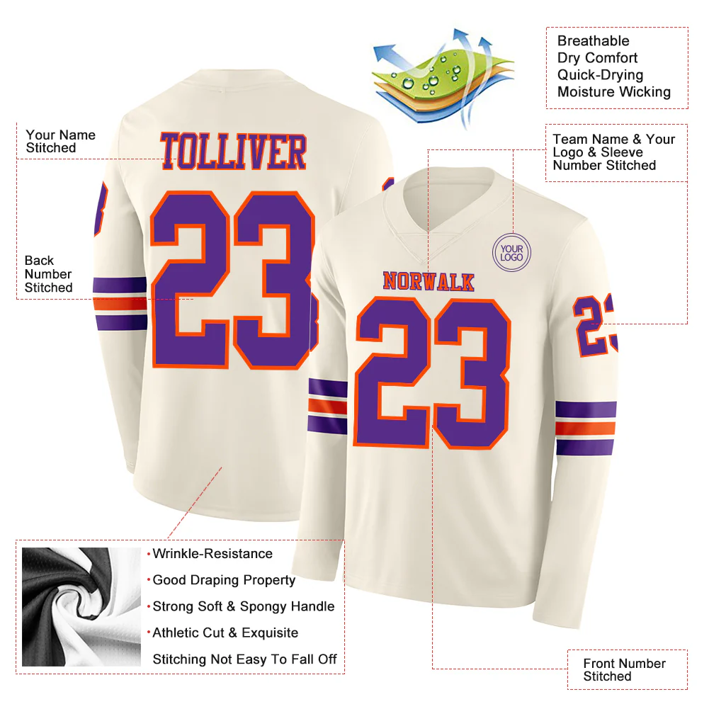 Custom Cream Purple-Orange Long Sleeve Authentic Football Jersey - Image 2