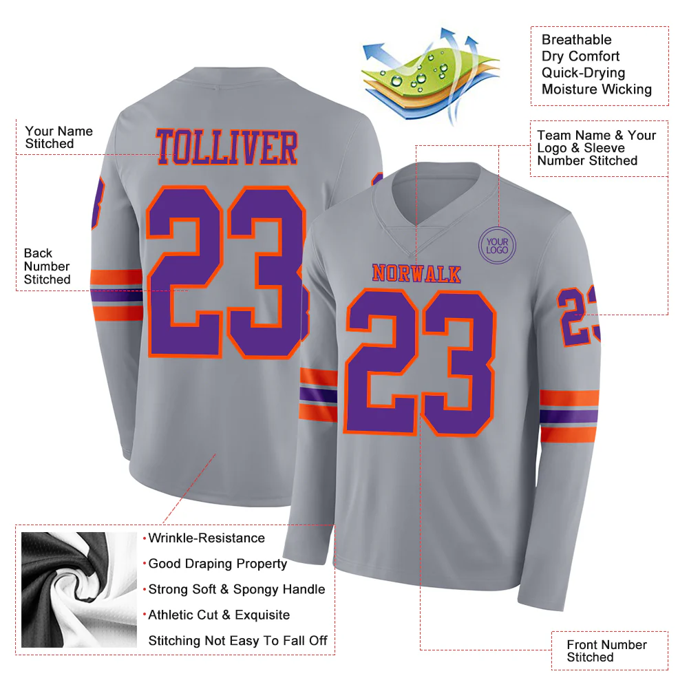 Custom Gray Purple-Orange Long Sleeve Authentic Football Jersey - Image 2