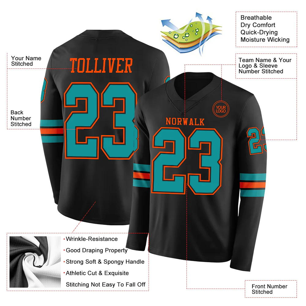Custom Black Teal-Orange Long Sleeve Authentic Football Jersey - Image 2