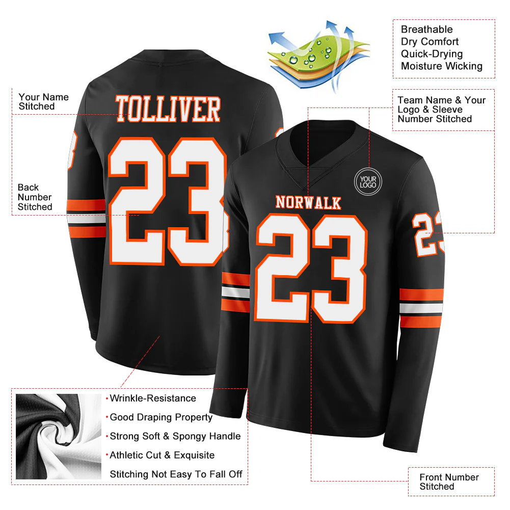 Custom Black White-Orange Long Sleeve Authentic Football Jersey - Image 2