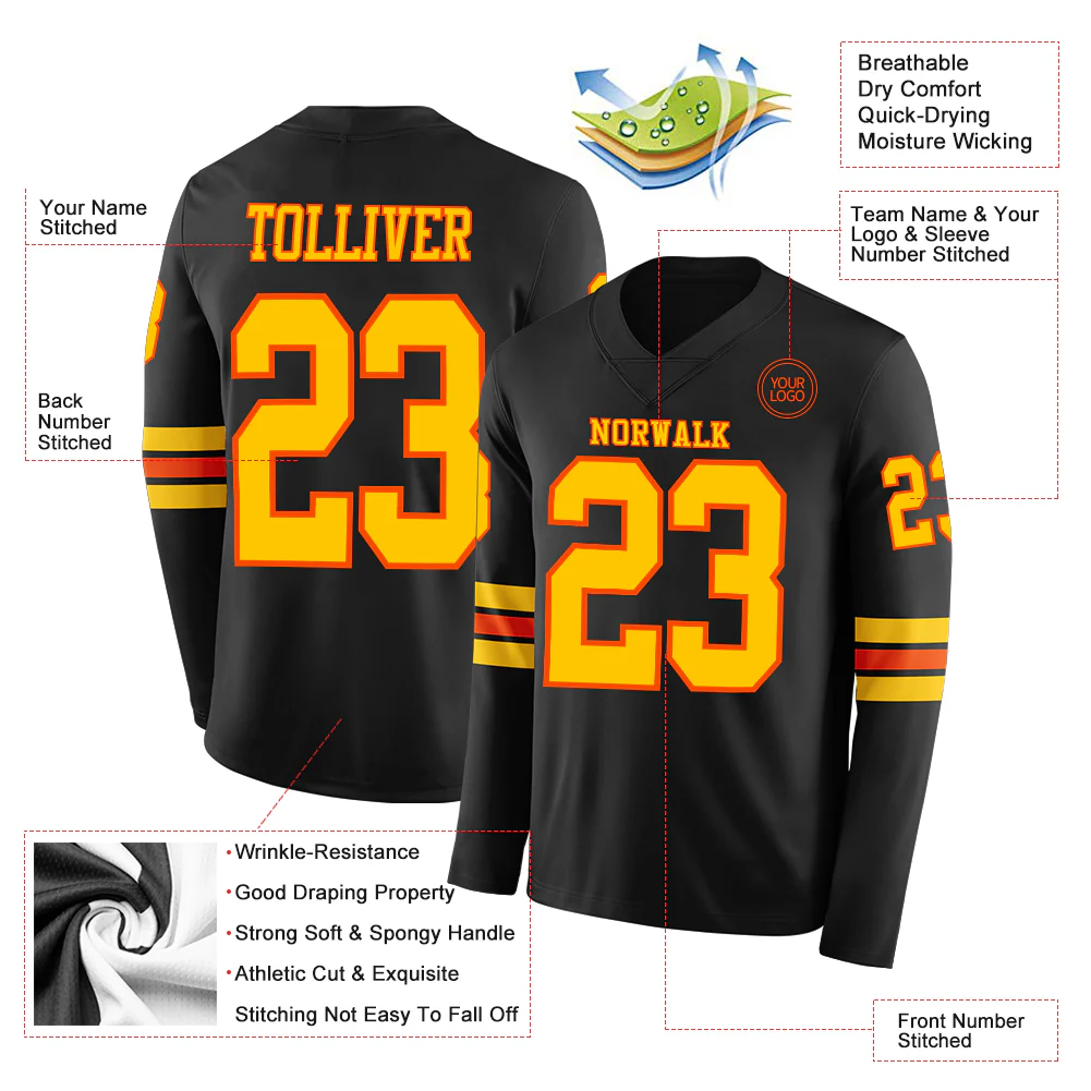 Custom Black Yellow-Orange Long Sleeve Authentic Football Jersey - Image 2