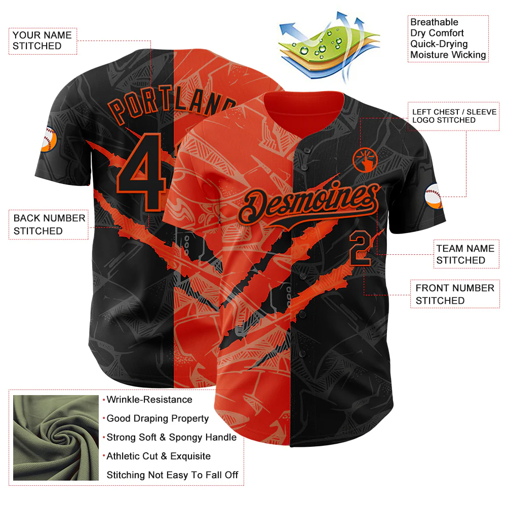 Custom Graffiti Pattern Black-Orange 3D Scratch Authentic Baseball Jersey - Image 3