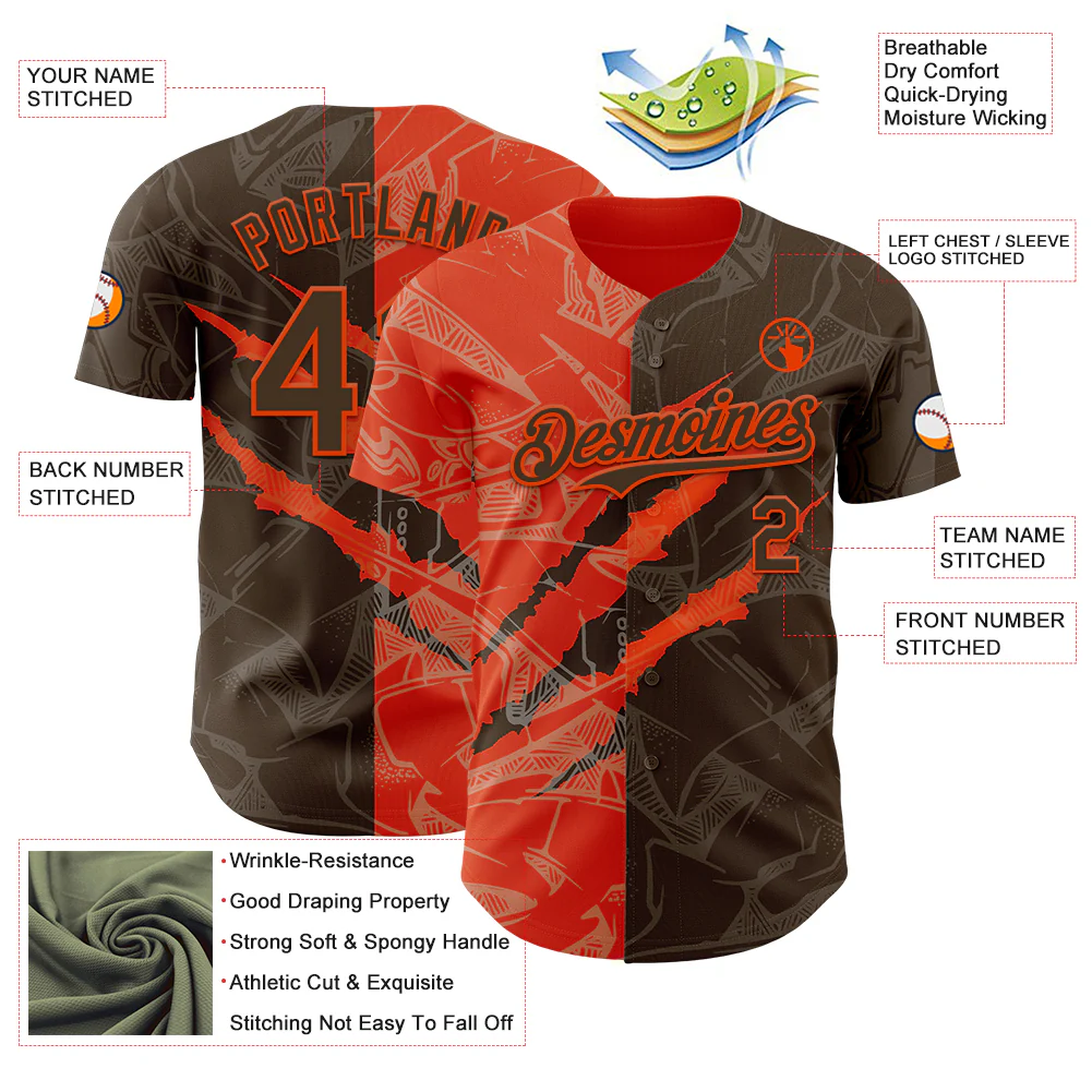 Custom Graffiti Pattern Brown-Orange 3D Scratch Authentic Baseball Jersey - Image 3