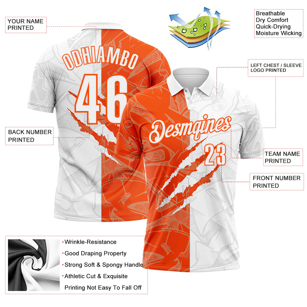 Custom Graffiti Pattern White-Orange 3D Scratch Performance Polo Shirt - Image 3