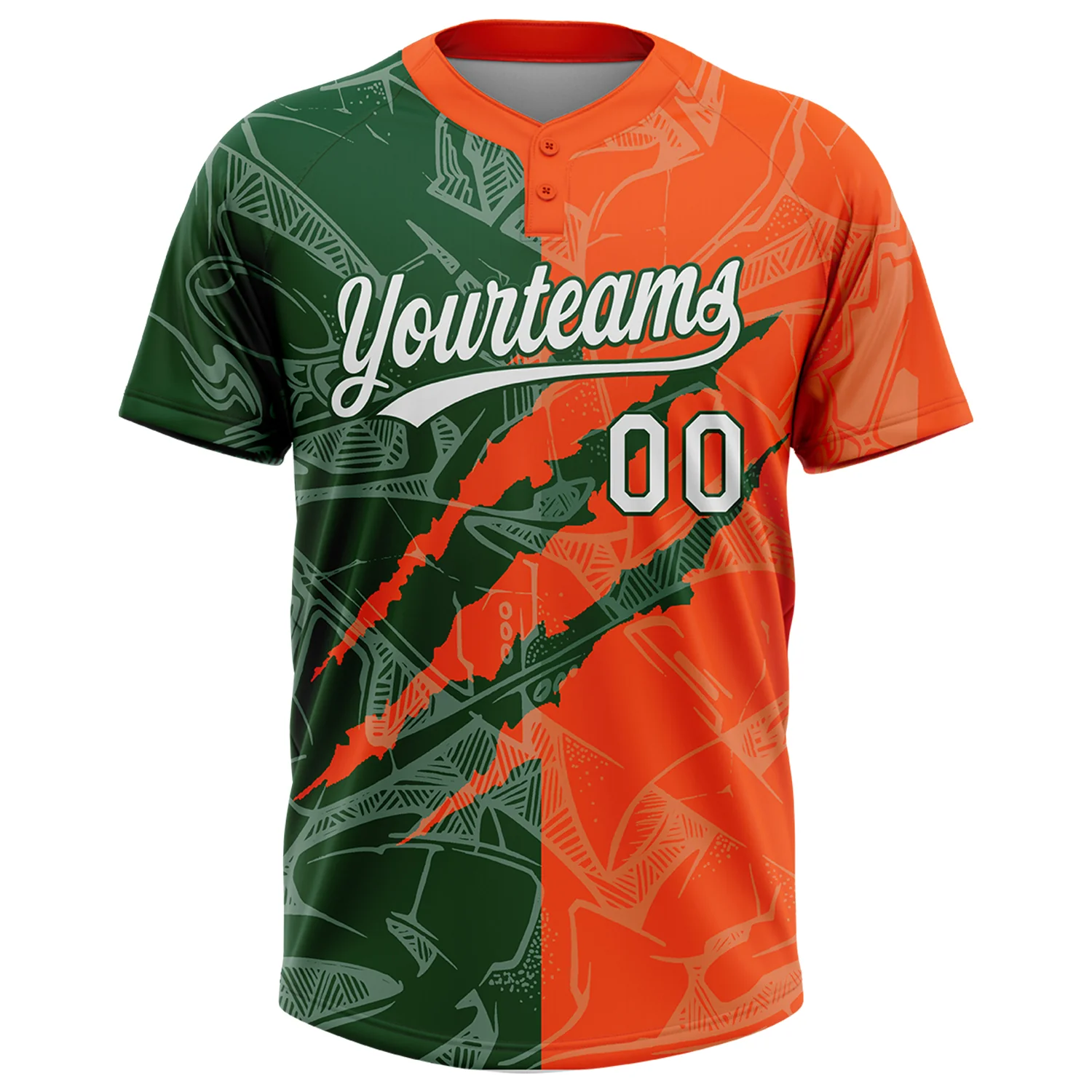Custom Graffiti Pattern White Orange-Green 3D Scratch Two-Button Unisex Softball Jersey - Image 2