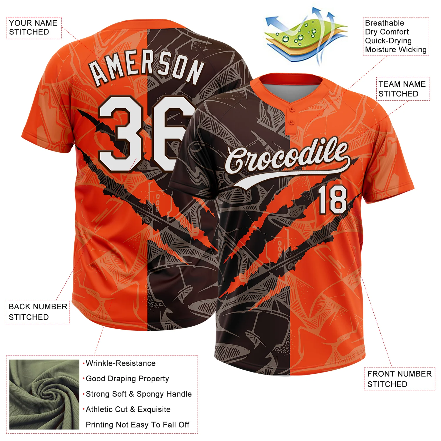 Custom Graffiti Pattern White Orange-Brown 3D Scratch Two-Button Unisex Softball Jersey - Image 3