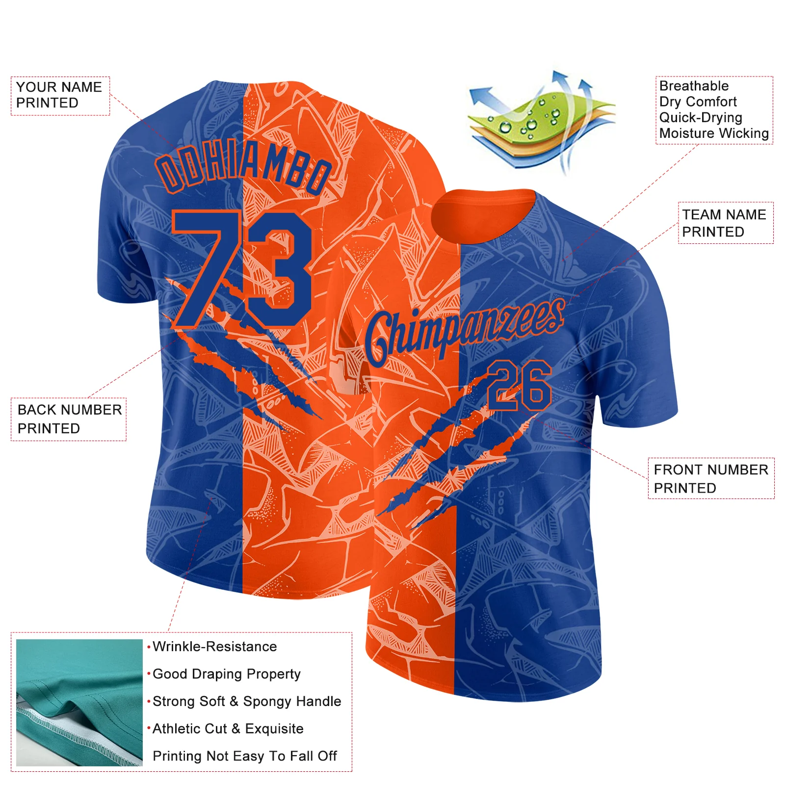 Custom Graffiti Pattern Royal-Orange Scratch 3D Performance T-Shirt - Image 2