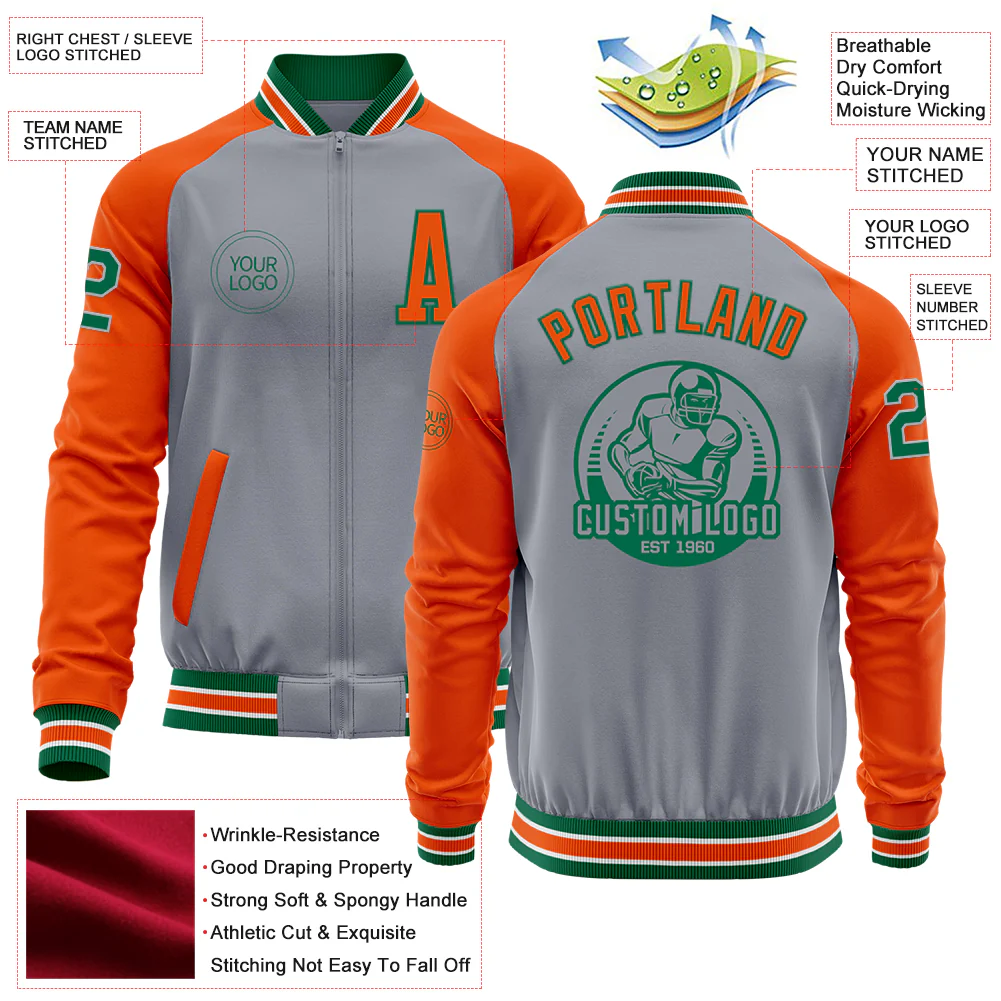 Custom Gray Kelly Green-Orange Bomber Varsity Letterman Two Tone Zipper Jacket - Image 4