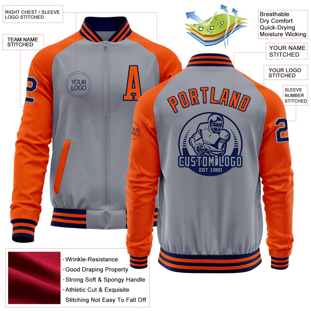 Custom Gray Navy-Orange Bomber Varsity Letterman Two Tone Zipper Jacket - Image 4