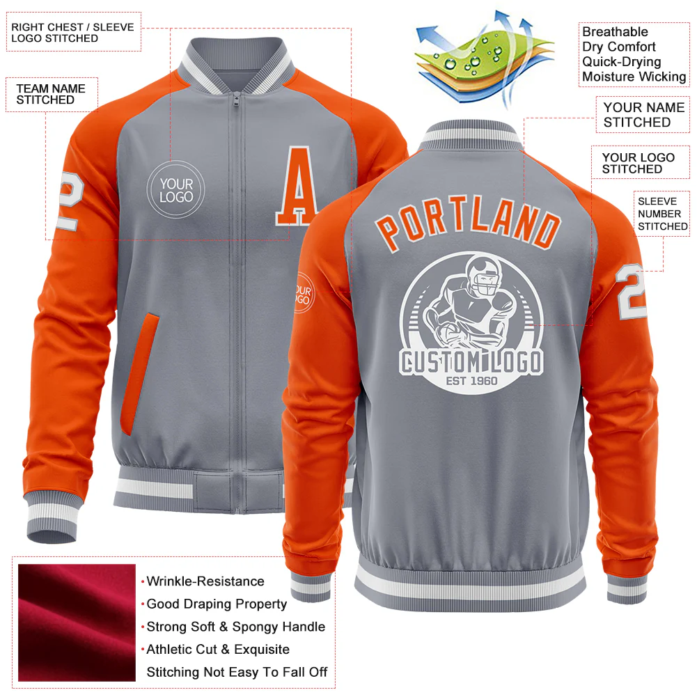 Custom Gray White-Orange Bomber Varsity Letterman Two Tone Zipper Jacket - Image 4
