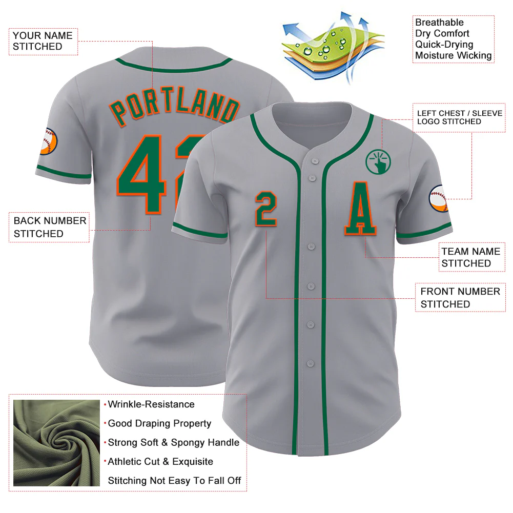 Custom Gray Kelly Green-Orange Authentic Baseball Jersey - Image 2