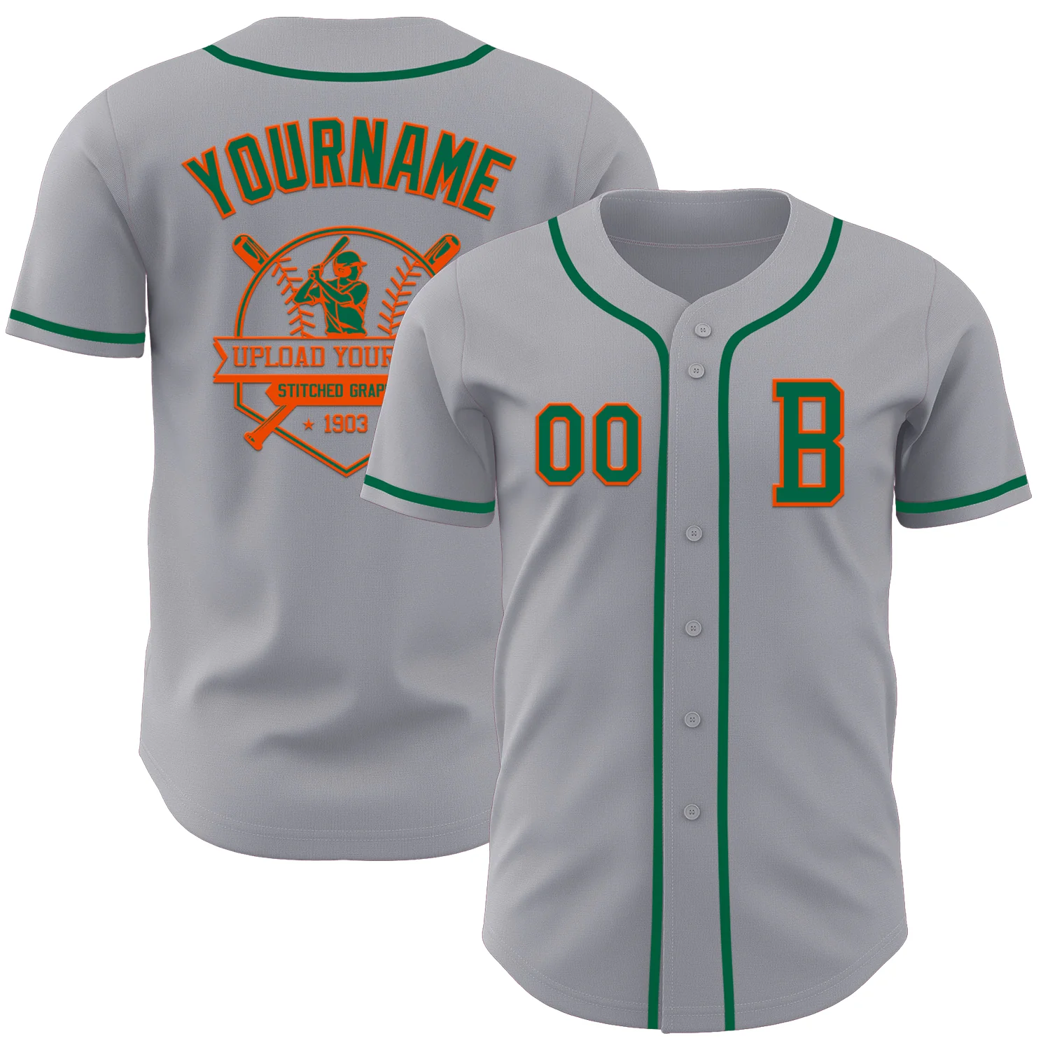 Custom Gray Kelly Green-Orange Authentic Baseball Jersey - Image 5