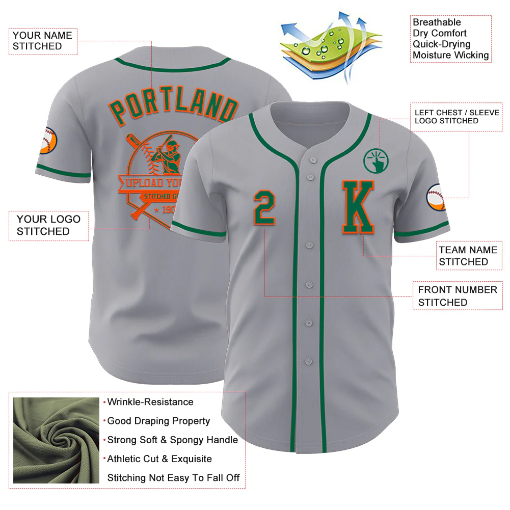Custom Gray Kelly Green-Orange Authentic Baseball Jersey - Image 6