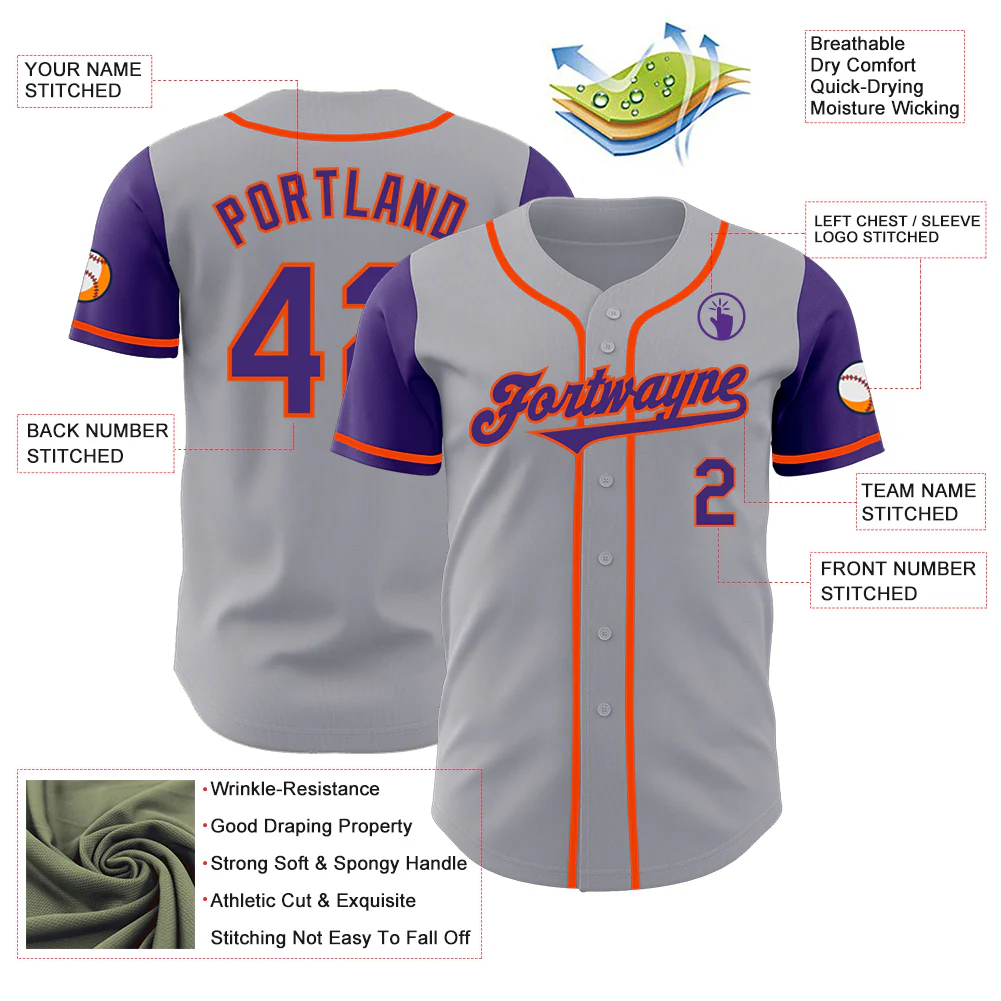 Custom Gray Purple-Orange Authentic Two Tone Baseball Jersey - Image 3