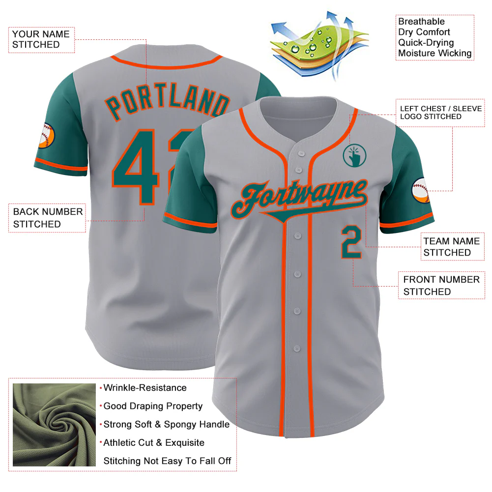 Custom Gray Teal-Orange Authentic Two Tone Baseball Jersey - Image 3