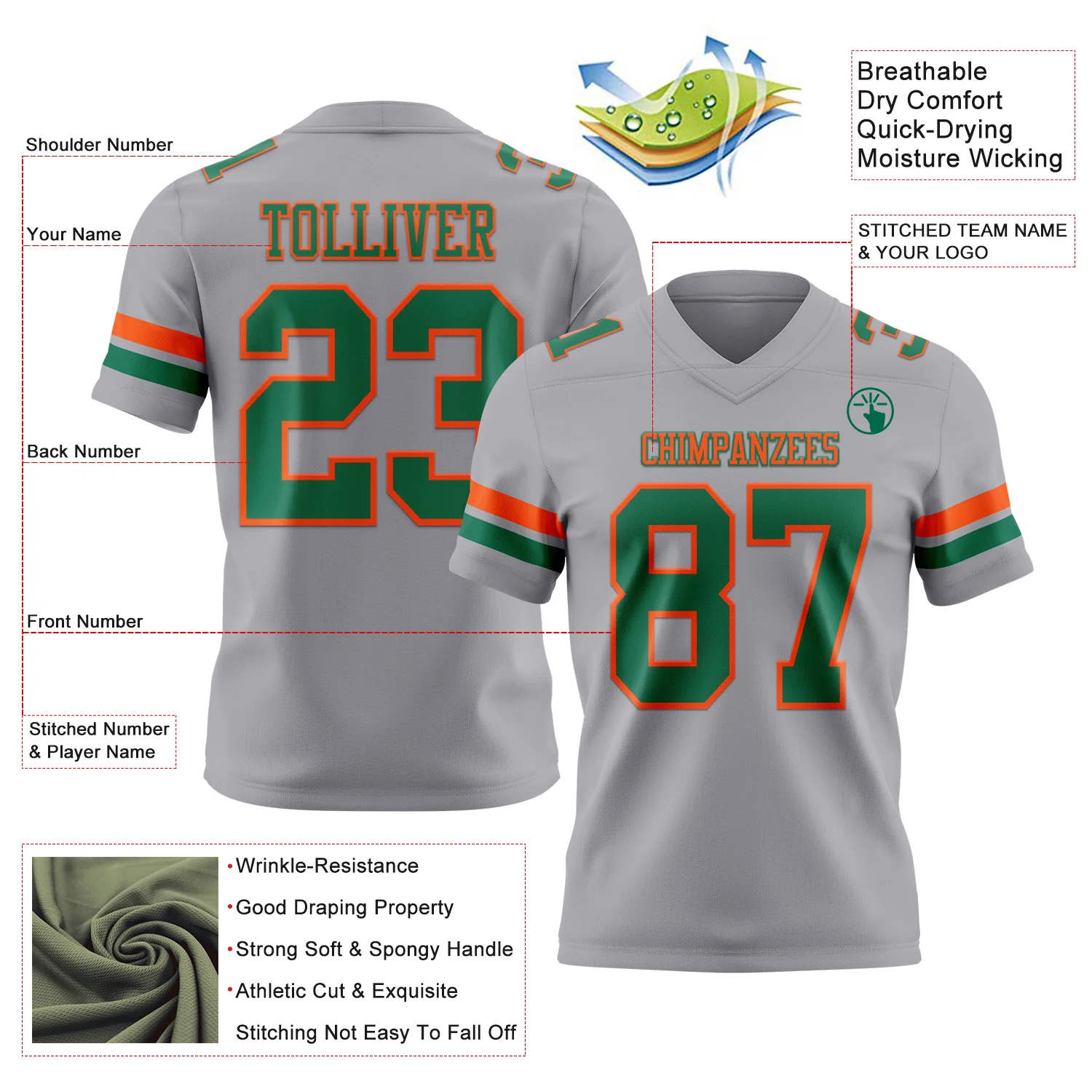 Custom Gray Kelly Green-Orange Authentic Football Jersey - Image 3