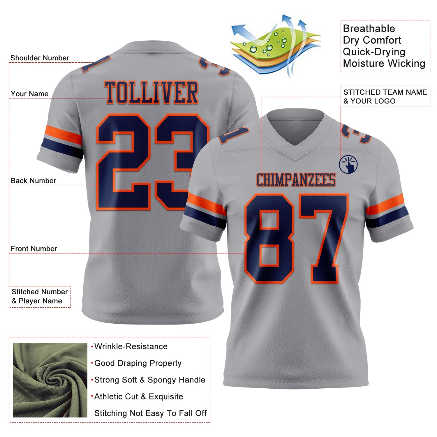 Custom Gray Navy-Orange Authentic Football Jersey - Image 3