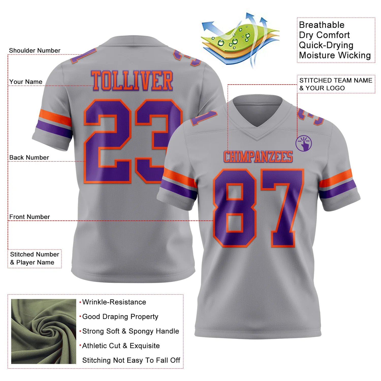 Custom Gray Purple-Orange Authentic Football Jersey - Image 3