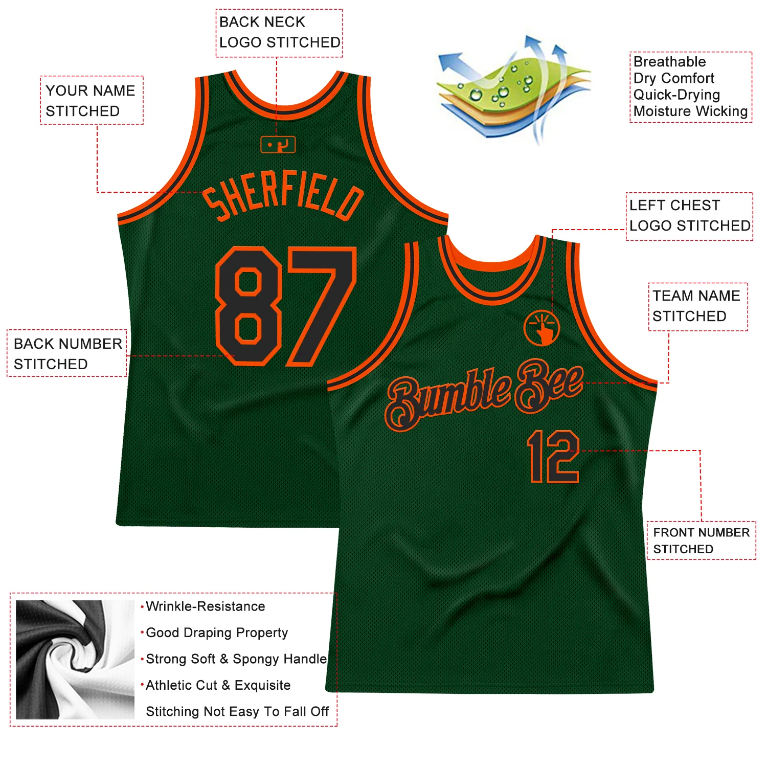 Custom Green Black-Orange Authentic Throwback Basketball Jersey - Image 2