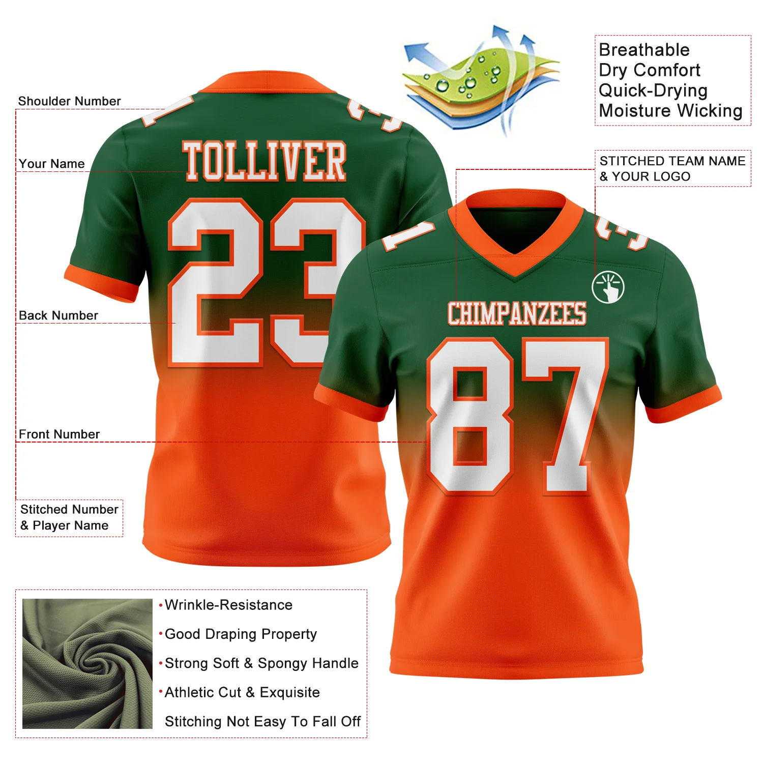 Custom Green White-Orange Authentic Fade Fashion Football Jersey - Image 2