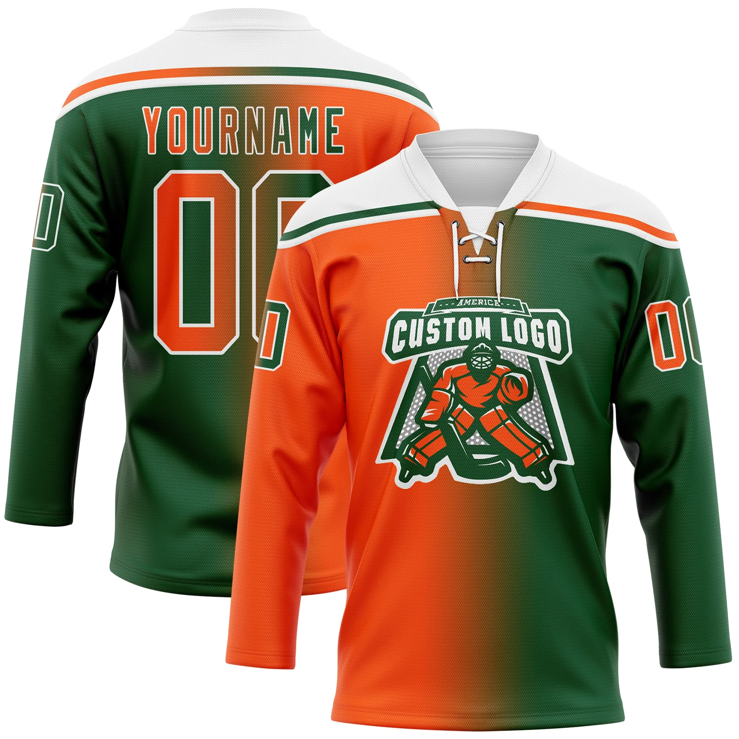 Custom Green Orange-White Gradient Fashion Hockey Lace Neck Jersey - Image 2