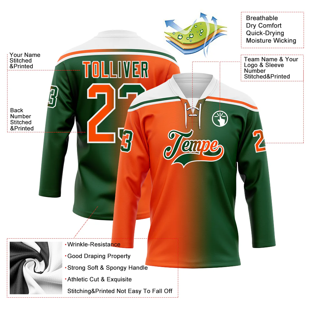 Custom Green Orange-White Gradient Fashion Hockey Lace Neck Jersey - Image 5