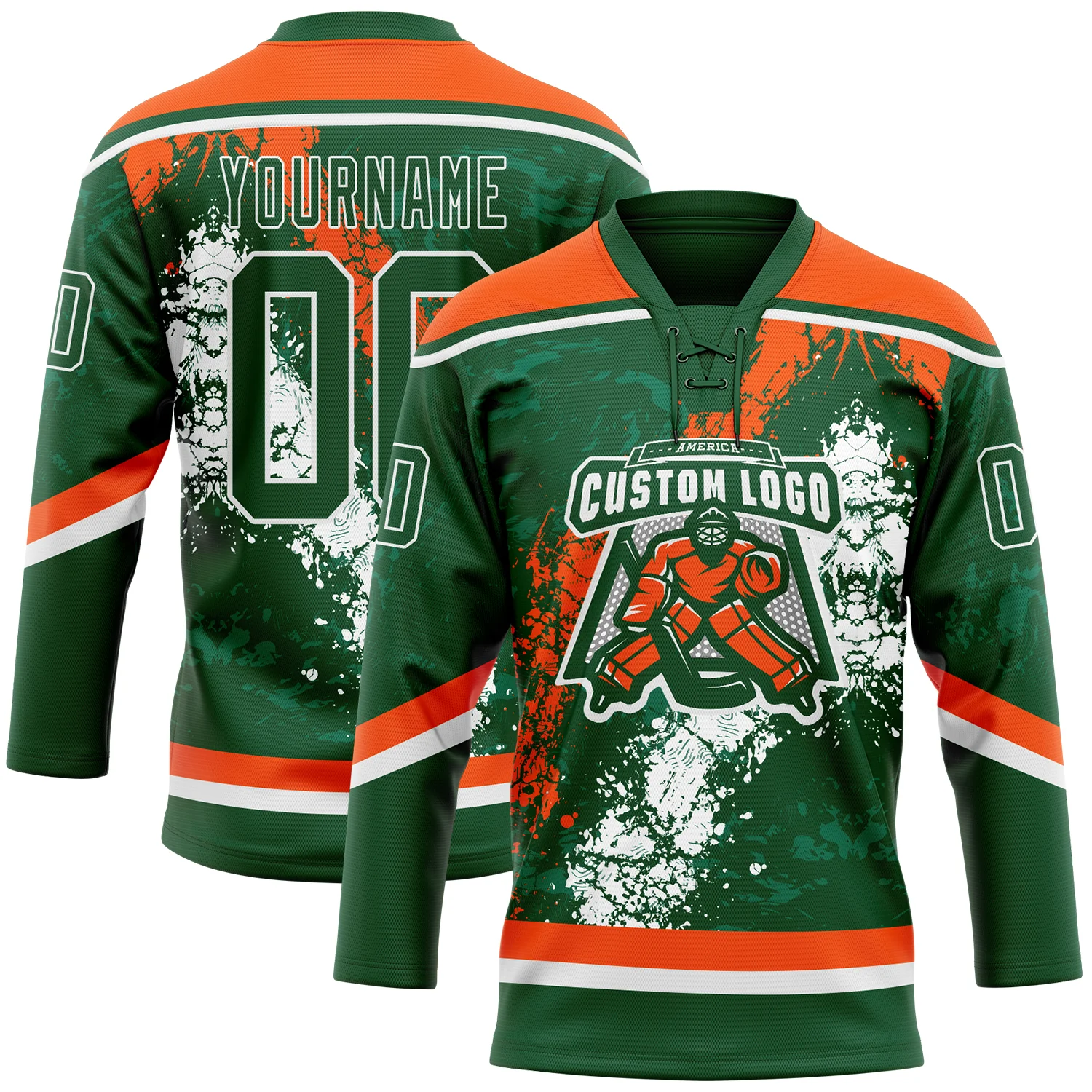 Custom Green Orange-White 3D Splash Art Hockey Lace Neck Jersey - Image 2