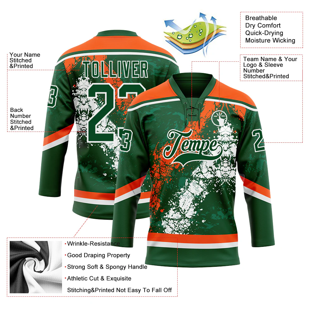 Custom Green Orange-White 3D Splash Art Hockey Lace Neck Jersey - Image 3