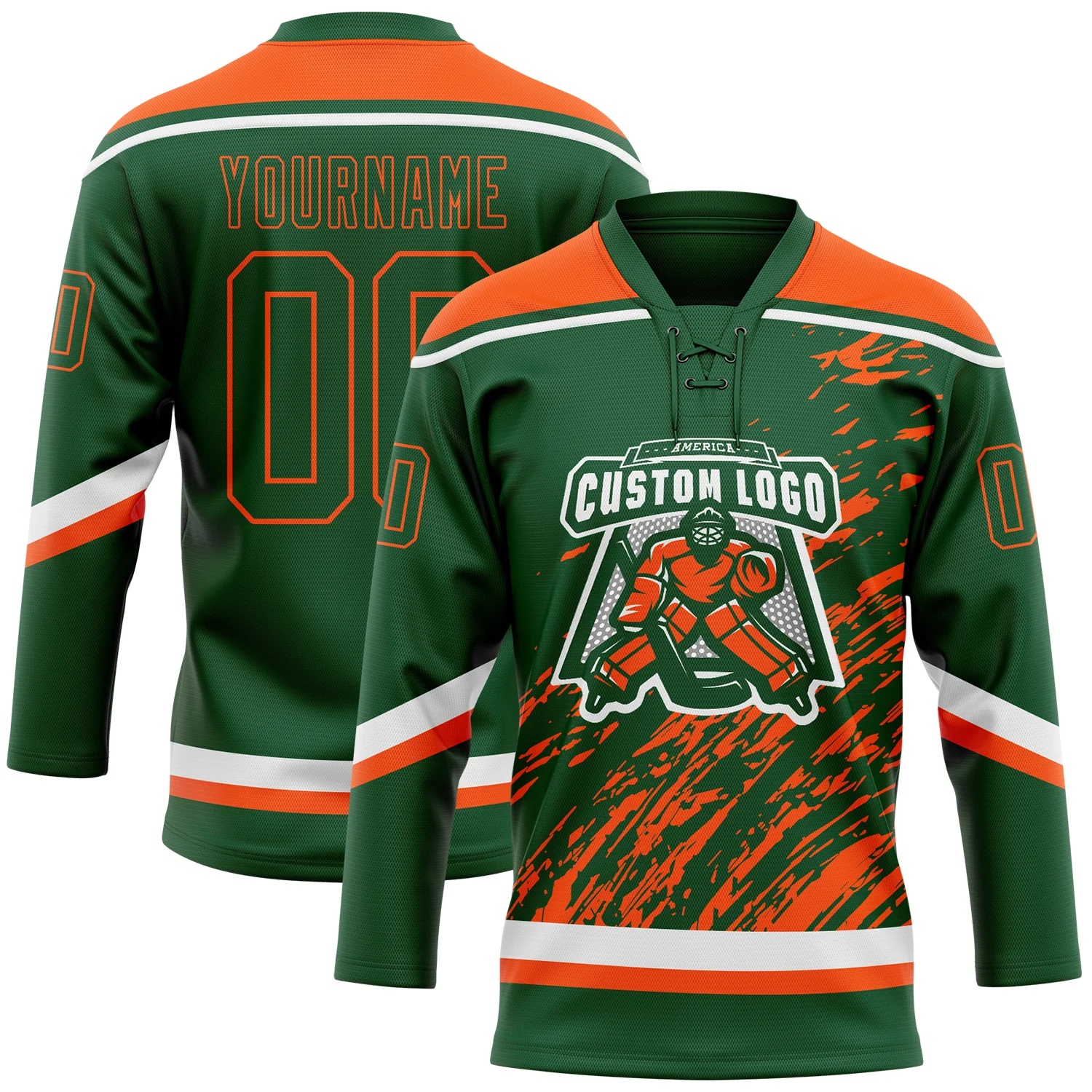 Custom Green Orange-White 3D Splash Art Hockey Lace Neck Jersey - Image 2