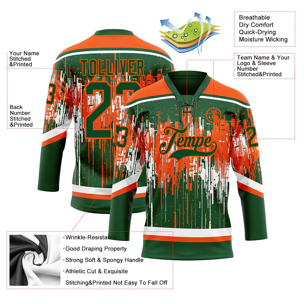 Custom Green Orange-White Dripping Splatter Pattern Hockey Lace Neck Jersey - Image 5